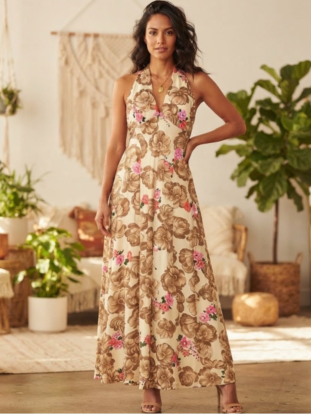 Vintage 70s Floral Maxi Dress Sundress Cream Brown Halter Neck Sz 13 Real S/M